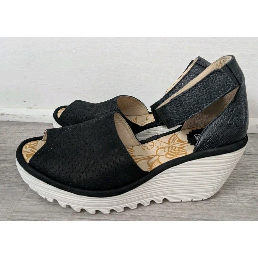 Fly London Yake Perforated Leather Wedge Sandals Black White Women's Sz 43 US 12